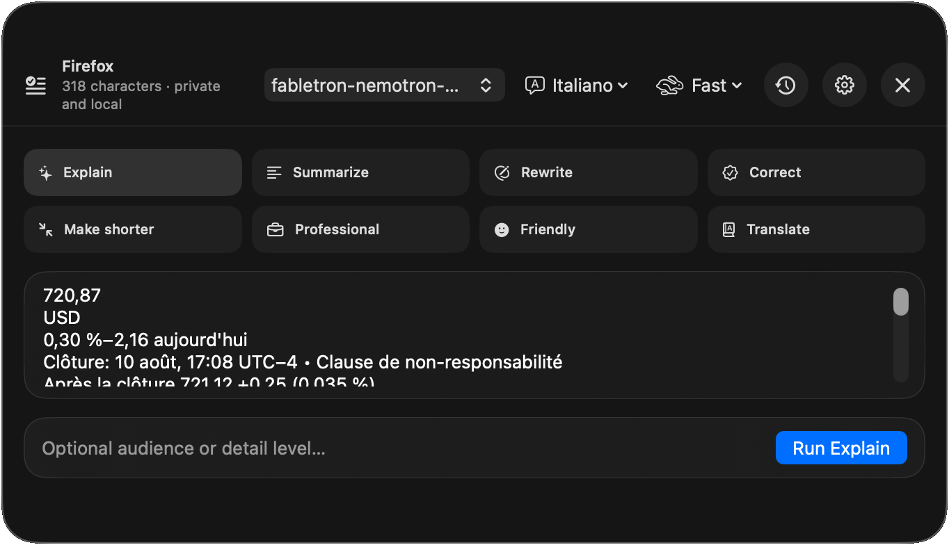 Fleet Actions panel transforming selected text