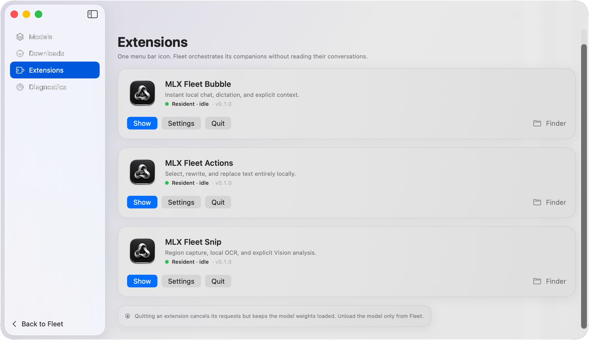 MLX Fleet extensions panel